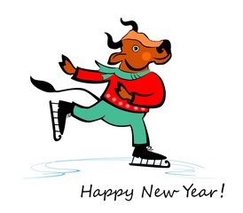Symbol chinese happy new year 2021. Cute ox, bull or cow skating in winter. Kawaii cartoon character isolated on white for calendar, poster, greeting card, farm animal, sticker, tattoo. illustration
