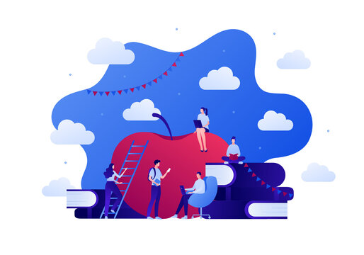 Education as ladder of success concept. Vector flat person illustration. Team of male and female student with apple, stack of books and laptop. Design for college and school web, banner, infographic