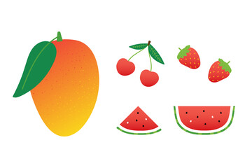 Fototapeta premium Set, collection of colorful cartoon style summer fruits and berries. Mango, cherry, strawberry, watermelon icons.