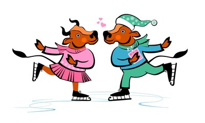 Happy Chinese new year. Happy Cows. Two cute Ox at ice skating. Bull zodiac symbol of the year 2021. Guy and Girl. Zodiac sign for greetings card, invitation, posters, sticker, shirt, tag.