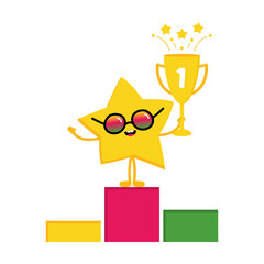 Vector cartoon style star character celebrating first place winning, standing on pedestal and holding challenge cup, trophy in hand.