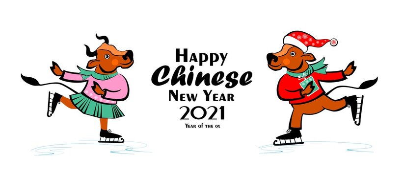 Happy Chinese new year. Happy Cows. Two cute Ox at ice skating. Bull zodiac symbol of the year 2021. Guy and Girl. Zodiac sign for greetings card, invitation, posters, sticker, shirt.