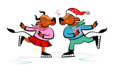 Happy Chinese new year. Happy Cows. Two cute Ox at ice skating. Bull zodiac symbol of the year 2021. Guy and Girl. Zodiac sign for greetings card, invitation, posters, sticker, shirt, tag. 