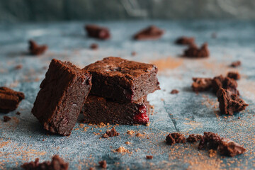 Tasty chocolate brownie with cherry. Pieces of cake on the table