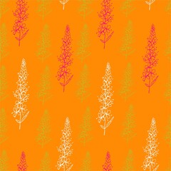 Wildflowers pink, yellow and white on orange. Abstract of flowers in bright colors, vector. Seamless background floral pattern. The pattern can be used for fabric, wall paper or wrapping paper.