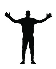 Goalkeeper on goal defends penalty. Soccer player in action vector silhouette isolated on white background. Football player. Goalkeeper defense position.  Defender sportsman position. Save penalty.