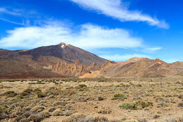 Volcano Mount Teide peak and rock formations Roques de Garcia in Teide National Park on Canary Island Tenerife, Spain