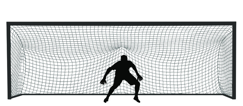 Soccer goalkeeper in front of goal net vector  silhouette illustration. Football  goal keeper net isolated on white background. Defender sportsman position. Save penalty. Active sport boy. Man on goal