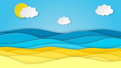 Fototapeta na wymiar Sea landscape with beach, waves, clouds. Paper cut out digital craft style. abstract blue sea and beach summer background with paper waves and seacoast. Vector illustration