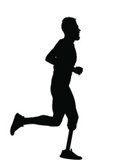 Fototapeta na wymiar Sport man marathon runner with prosthetic leg vector silhouette illustration isolated on white background. Disabled sport boy active life. Sportsman with amputated prosthesis leg and strong will.