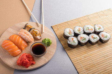 Composition with delicious nigiri sushi and rolls