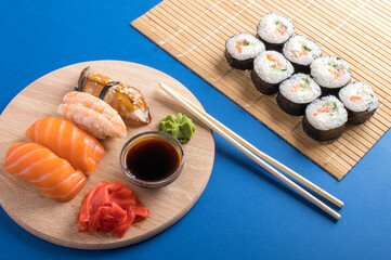 Composition with delicious nigiri sushi and rolls