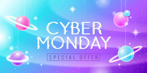 Cyber Monday banner, space prices vector illustration