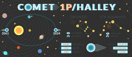 Infographic of short-period comet Halley 1P. Vector illustration - obrazy, fototapety, plakaty