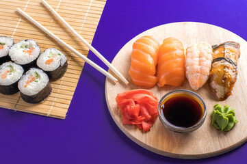 Composition with delicious nigiri sushi and rolls