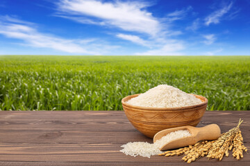 Fototapeta na wymiar rice on table against the green field