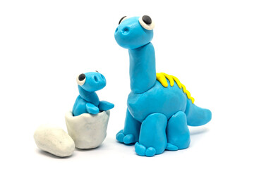 Play dough Brachiosaurus and egg on white background. Handmade clay plasticine