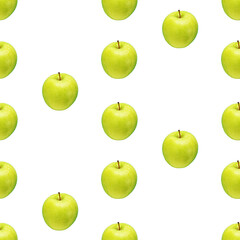 Pattern of green apples on a white background. Isolated fruits. Image for fabric, wallpaper and wrapping paper