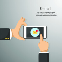 Smart phone in hand for sending e-mail simple flat style with empty space for your text. Business and finance concept vector  for your design work, presentation, website or others.