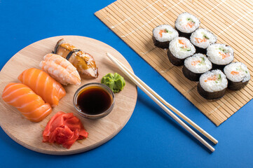 Composition with delicious nigiri sushi and rolls