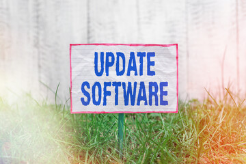 Text sign showing Update Software. Business photo text an application patch fixing the...