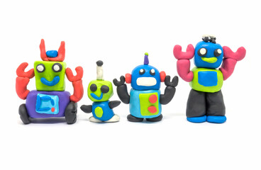 Play dough group robot on white background. Handmade clay plasticine