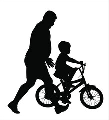 Fototapeta na wymiar Happy family, father teaching his son riding a bicycle vector silhouette illustration isolated on white background. Dad teaches little boy to ride a bike. Fathers day. Outdoor sport and recreation.