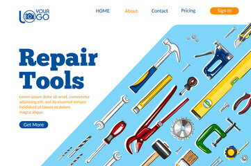 Repair tools landing page. Construction hand tools sketches for carpentry, handyman service advertising. Craftsmanship and handwork cartoon layout. Artisan mechanic workshop vector illustration.
