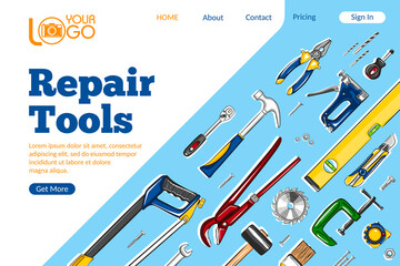 Repair tools landing page. Construction hand tools sketches for carpentry, handyman service advertising. Craftsmanship and handwork cartoon layout. Artisan mechanic workshop vector illustration.