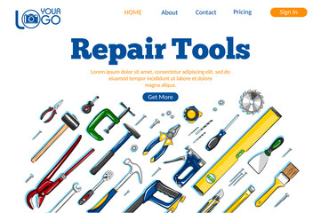 Repair tools landing page. Construction hand tools sketches for carpentry, handyman service advertising. Craftsmanship and handwork cartoon layout. Artisan mechanic workshop vector illustration.