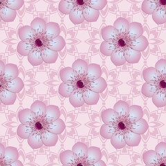 Fashion seamless pattern with plastic flowers made of cut paper. Flower in the style of a flowering tree. Japanese sakura. Graphic design. 3D illustration.