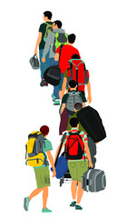 Passengers with luggage walking at airport vector illustration. Traveler with backpack bags. Man carry baggage. People crowd waiting in line with cargo load, taxi to holiday.
Border refugees hiking.