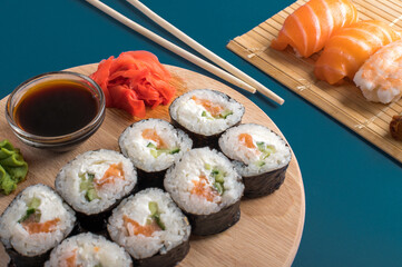 Composition with delicious nigiri sushi and rolls