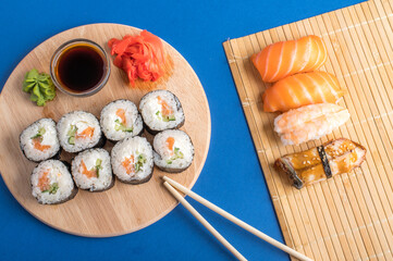 Composition with delicious nigiri sushi and rolls