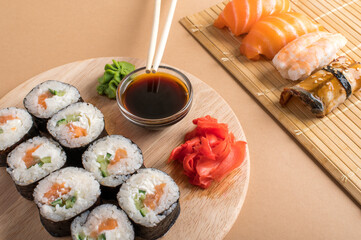 Composition with delicious nigiri sushi and rolls