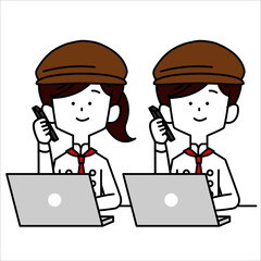 パソコンをしながら通話する男女の店員