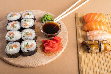 Composition with delicious nigiri sushi and rolls