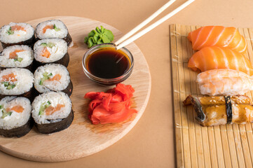 Composition with delicious nigiri sushi and rolls