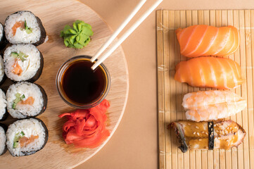 Composition with delicious nigiri sushi and rolls