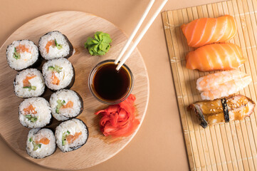 Composition with delicious nigiri sushi and rolls