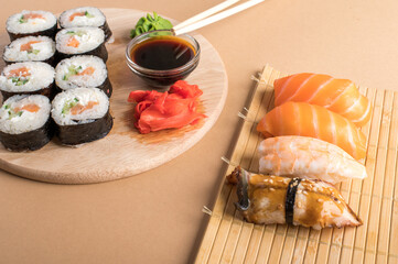 Composition with delicious nigiri sushi and rolls