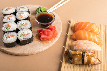 Composition with delicious nigiri sushi and rolls
