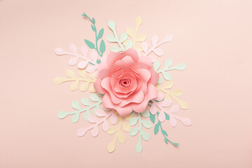 Paper art pink background with flowers and tropical leaves. Fashion floral greeting card.