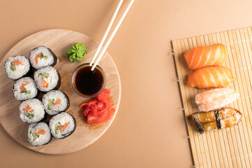 Composition with delicious nigiri sushi and rolls