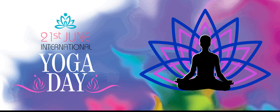 A man meditating on the yoga day. Colorful background with a symbol of a flower