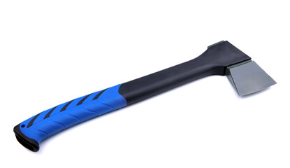 An axe isolated on a white background. An ax. A hatchet with blue-black handle. A splitting axe. A chopper.