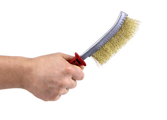 A man's hand with metal wire brush isolated. A hand holding a wire brush.Tools fof welding. Wire brush for cleaning