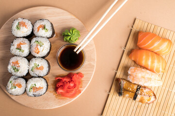 Composition with delicious nigiri sushi and rolls