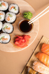 Composition with delicious nigiri sushi and rolls