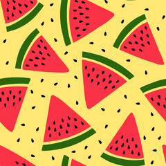 Watermelon seamless pattern. Hand drawn fresh berry slice. Vector sketch background. Red and green print for kitchen tablecloth, curtain or dishcloth. Fashion design